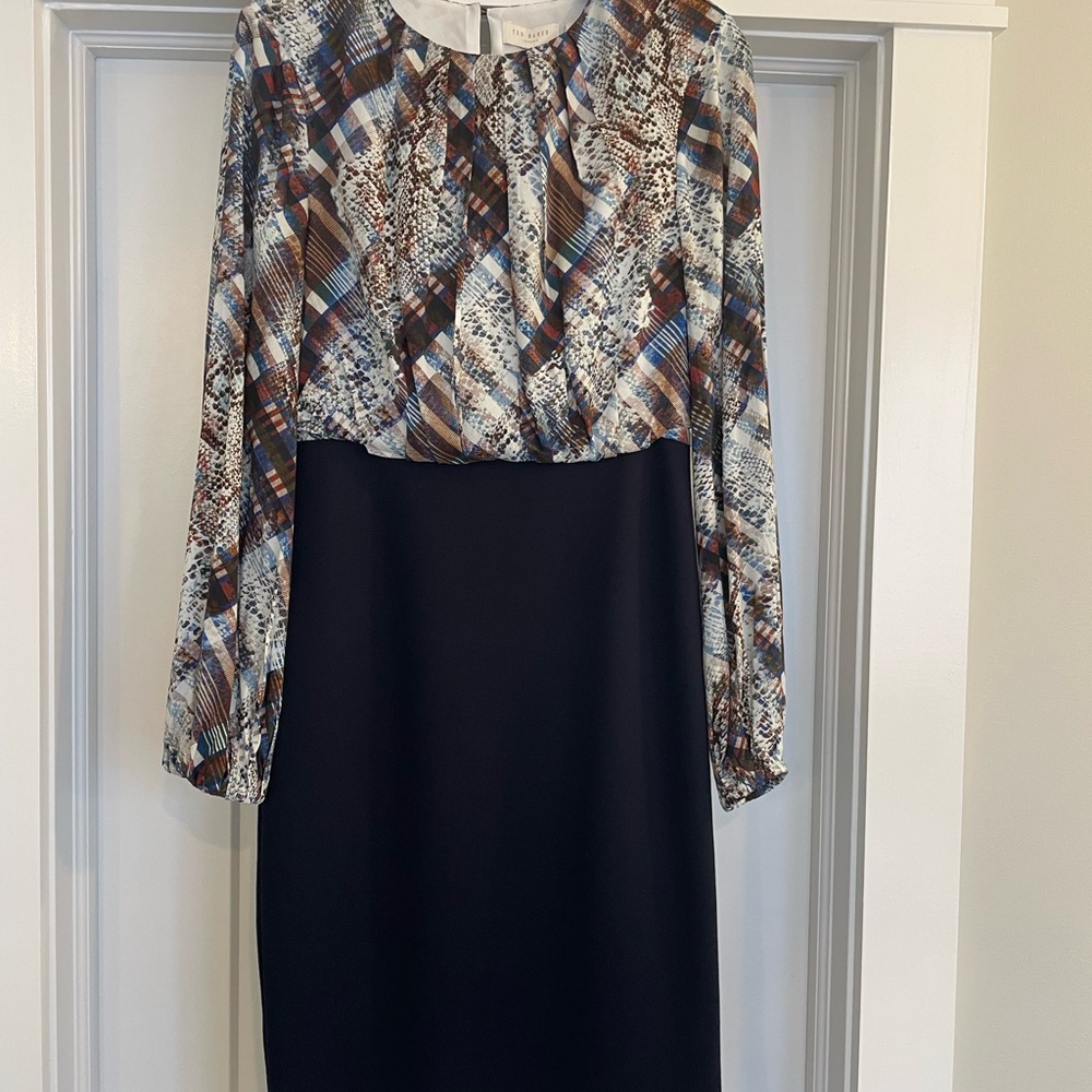Ted Baker London; Quartz/Navy midi long sleeve dress